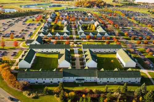 Aerial photo of Laker Village apartments in the fall